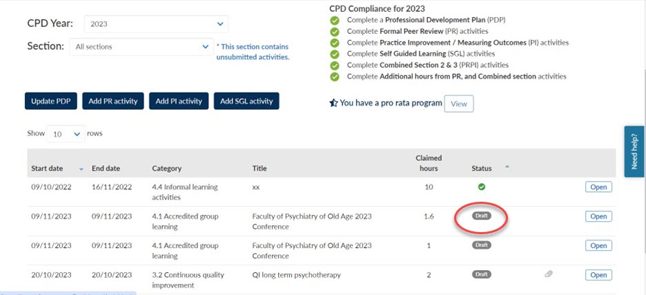 Screenshot of MyCPD system showing a circled draft activity